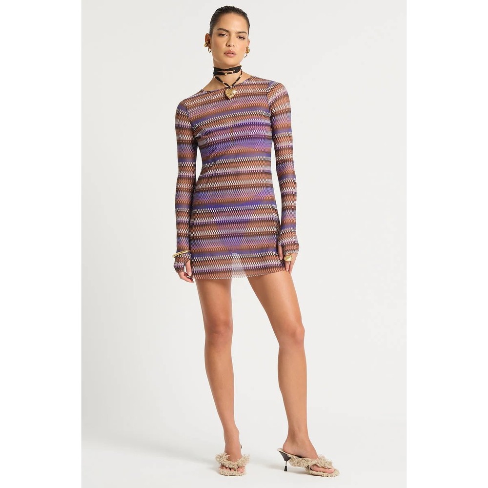 Bond-Eye Pip Edwards Gisele 2.0 Mini Dress Geo Mesh Brown Blue XS/S NWT